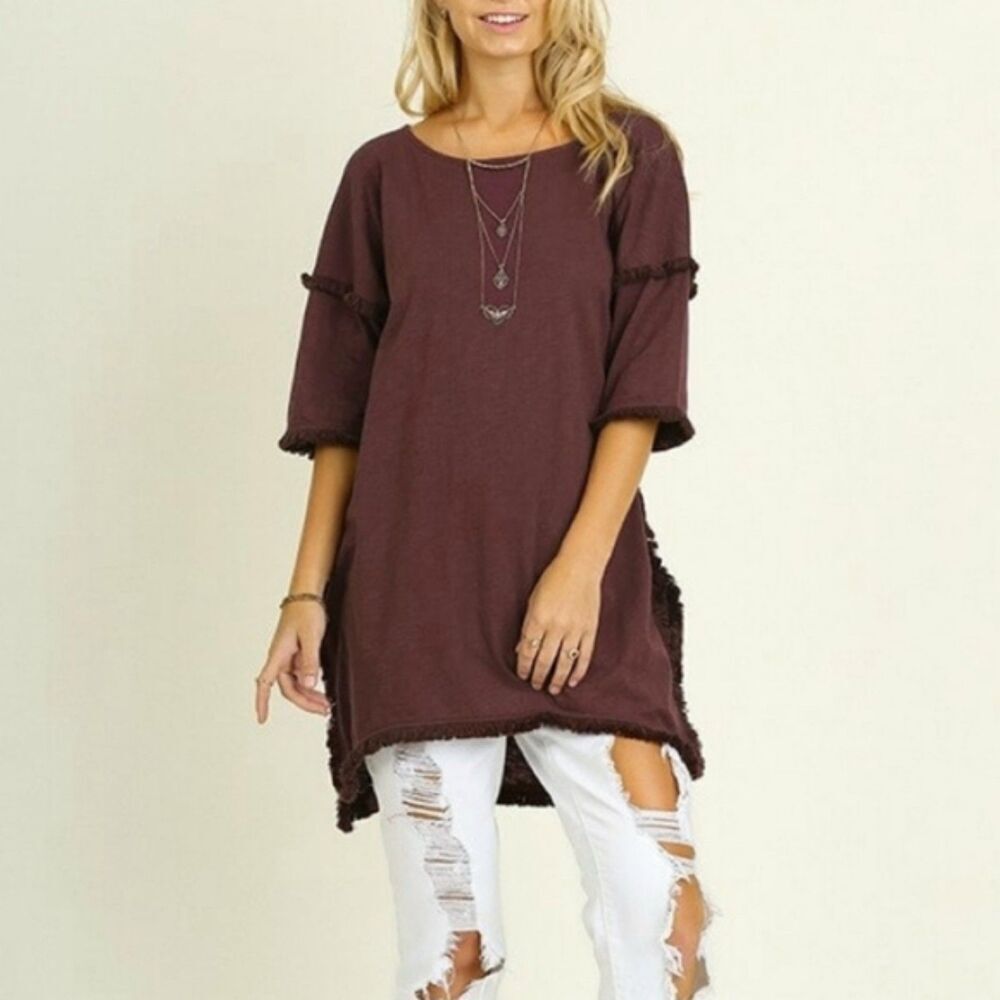 Umgee Fringe Oversized Tunic Boho Top Dark Purple Size Small Lagenlook Gypsy